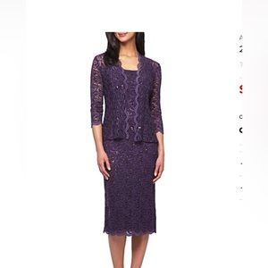 EUC Women’s 2 Piece Jacket and Dress T Length. Purple Lace and Sequined. Size 16